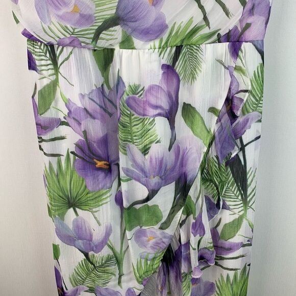 ALICE + OLIVIA White Purple Green Floral Print Cowl Neck Ruffle Slit Dress Sz 0 - Picture 7 of 13